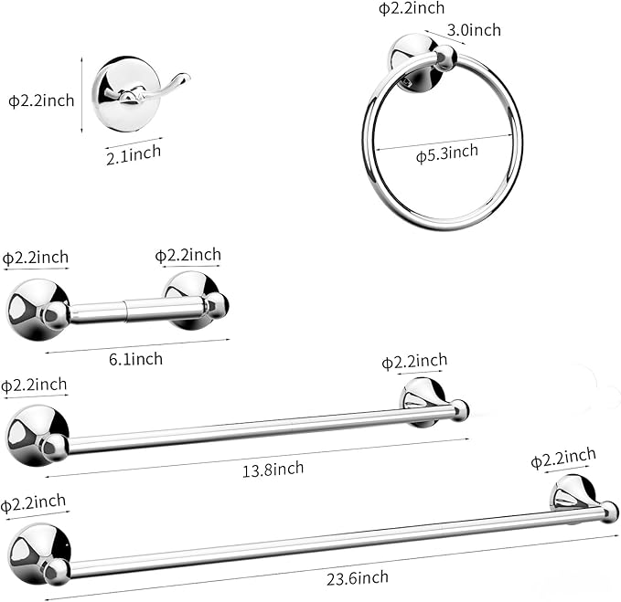 Newfun 8-Pieces 24 Inch Polished Chrome Bathroom Hardware Set, Bathroom Accessory Set, Includes 24" Adjustable Bath Towel Bar, Towel Rings Wall Mounted, Toilet Paper Holder, Robe Towel Hooks