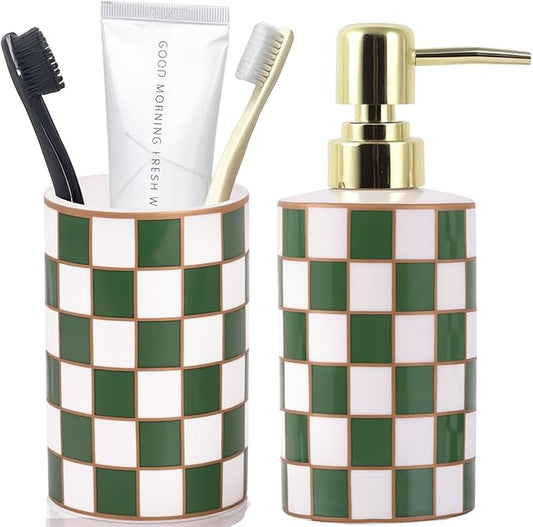 Bathroom Toothbrush Holder Set, Ceramic Checkered Soap Dispenser and Tooth Brush Holder Set, Modern Bathroom Accessories Sets Countertop, Black and White Checkered Bathroom Decor Set (Green)