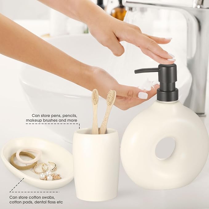 FoldTier 5 Pcs Ceramic Bathroom Accessories Set Includes Soap Dispenser Toothbrush Cup Holder Soapbox Holder Stylish Modern Bathroom Matte Glaze Decor(White)