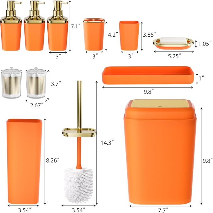 Bathroom Set — Orange Bathroom Accessories Set, 11PC Bathroom Accessory Set, Orange Bathroom Set with Push-lid Trash Can, 3PC Soap Dispensers, Toilet Brush & Qtip Holders