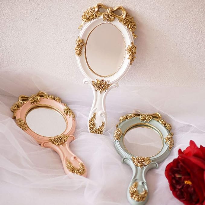 Vintage Hand Held Mirror, Vanity Rose Gold Makeup Mirror, Compact Travel Handheld Mirros, Gift for Mom, Wife, Girl Friend, Pink
