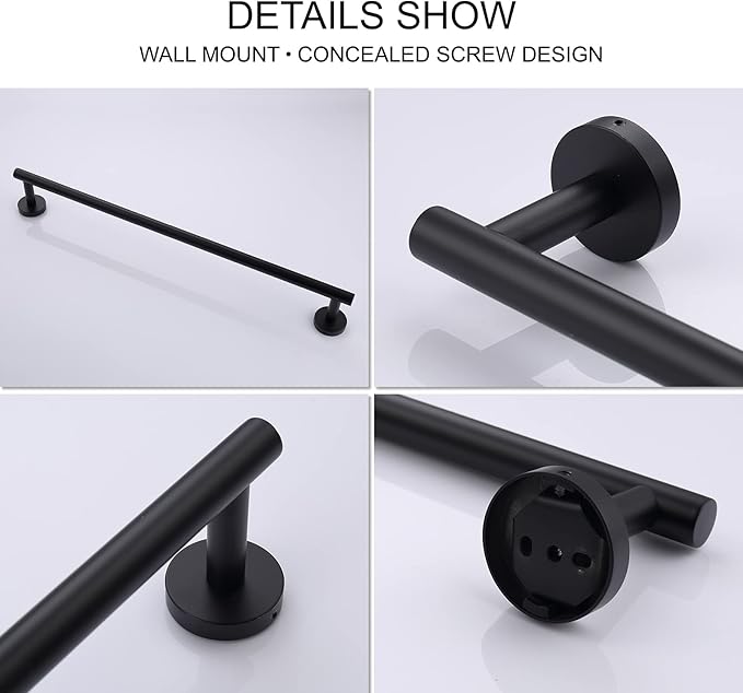 TASTOS 23.6 Inch Bath Towel Bar Matte Black, Premium SUS304 Stainless Steel Round Style Bathroom Heavy Duty Holder, Kitchen Rod, Wall Mount With Screws Rack