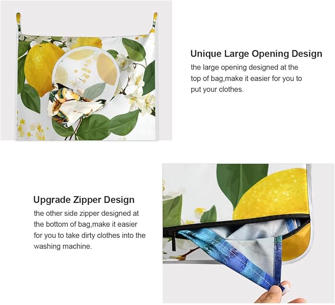 Lemon Branch Flower Hanging Laundry Hamper Door Hampers Bag Basket with Stainless Steel Hooks Oxford Fabric Printing Decorative Clothes Bags 29.5X20inch 1Pack