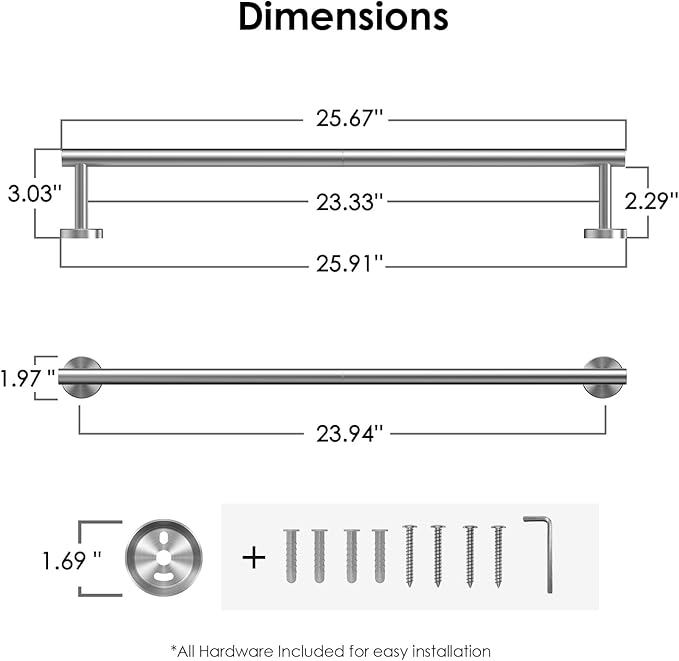 FORIOUS Towel Racks for Bathroom Wall Mounted, Stainless Steel Bathroom Towel Rack 24 Inch, Includes Wall Mounting Hardware (Brushed Nickel, Total Length 26-Inch), 2 Pack