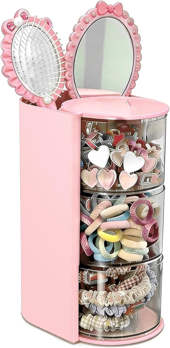 Hair Accessories Organizer With Hairbrush Holder, 3-Layer Clear Rotatable Hair Caddy And Brush Holder For Vanity, Holds Brushes, Ties, Bows, Clips & Jewelry Hair Tool Organizer Box(Pink)