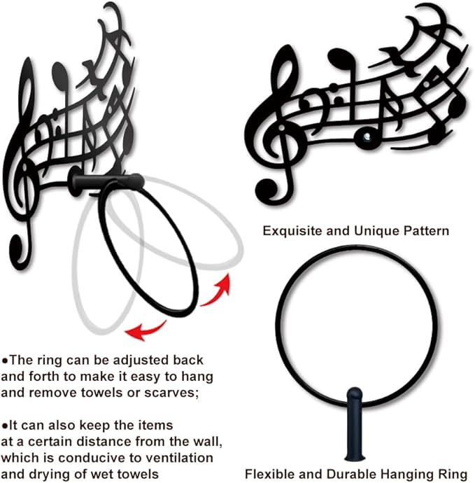 MAYJOYDIY Pentatonic Note Metal Towel Ring Musical Note Towel Holder Musical Artistic Style Towel Ring Black Towel Rack Wall Mounted for Bathroom Kitchen Towel Hanger Home Decors Gift