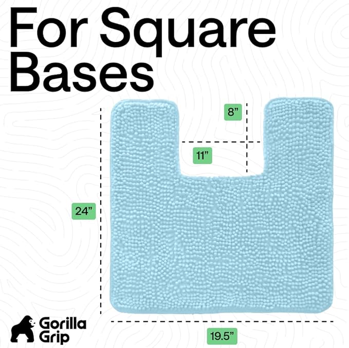 GORILLA GRIP Plush Absorbent Shaggy Chenille Bath Rug Mat for Square Toilet Base with Rubber Backing, Machine Washable Rugs, Soft Microfiber Contour Mats for Toilets, Bathroom Decor, Sky