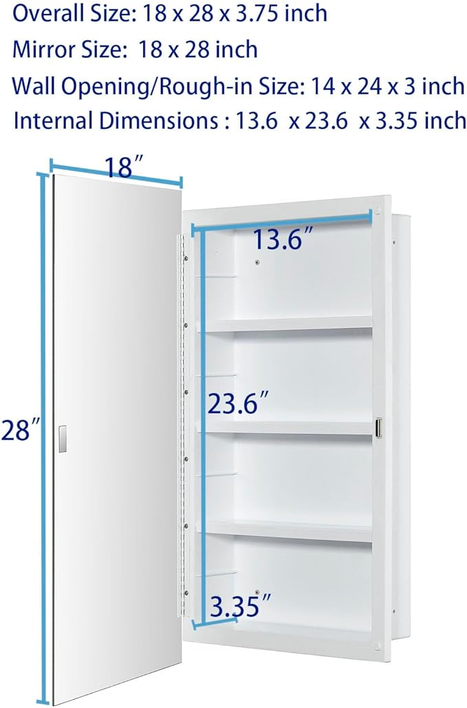 IDYLLOR Plastic Medicine Mirror Cabinet for Bathroom 18 x 28 inch, Surface and Recessed Mount