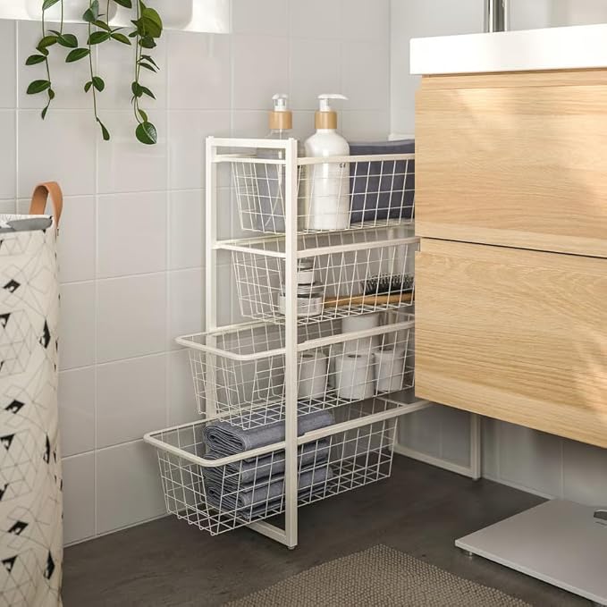 4-Tier Storage White – 9 7/8" x20 1/8" x27 1/2" – Narrow Wire Basket Organizer – Compact Steel Shelf Unit – Powder Coated Rack – Bathroom Laundry Closet Storage – Space Saving Metal Organizer