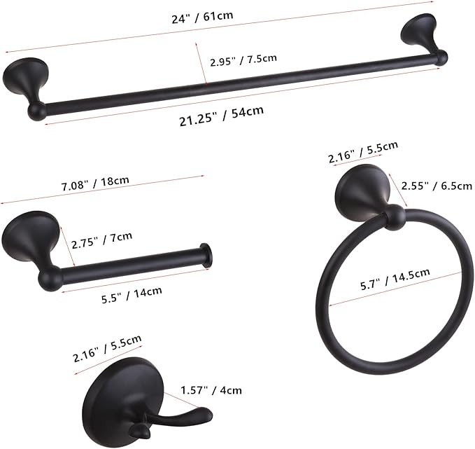 4 Pieces Matte Black Bathroom Hardware Set,Wall Mounted 23.6 inch Towel Bar Set Matte Black,Towel Rack Set,Toilet Paper Holder,Matte Black Bathroom Accessories Set, YM0254-B