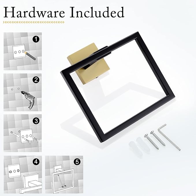 TQKAG Black and Gold Towel Ring Bathroom Hand Towel Holder Stainless Steel Square Towel Bar Hangers Wall Mounted