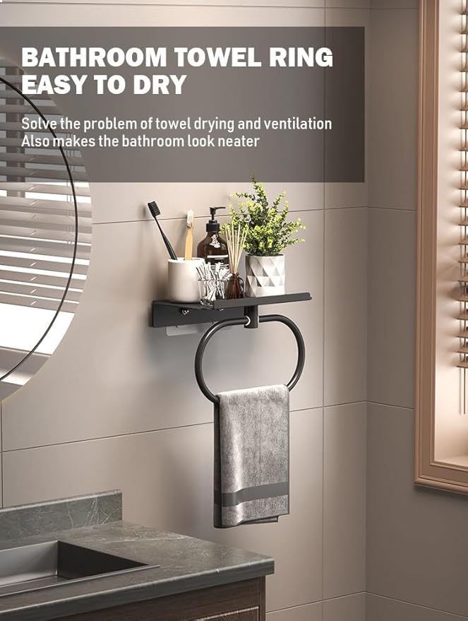 Modern Wall Mounted Towel Rack with Storage Shelf, Black Metal Bathroom Towel Bar, Space-Saving Bathroom Accessories