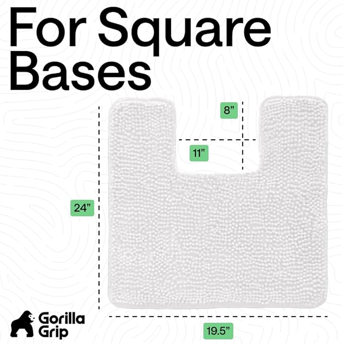 GORILLA GRIP Plush Absorbent Shaggy Chenille Bath Rug Mat for Square Toilet Base with Rubber Backing, Machine Washable Rugs, Soft Microfiber Contour Mats for Toilets, Bathroom Decor, White