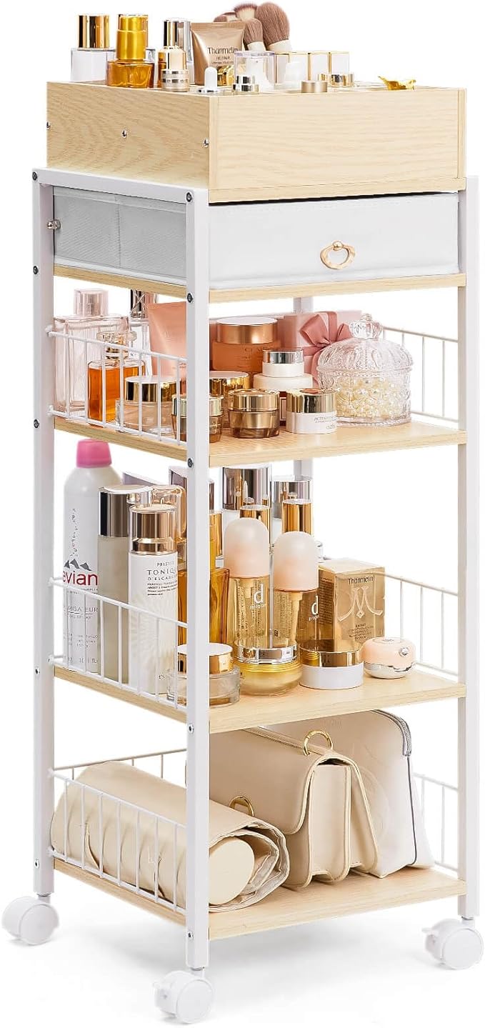 Enthralite Makeup Storage Organizer for Bedroom: Make Up Holder with Drawer - Vanity Organization for Skincare Cosmetic Brush Beauty Accessories