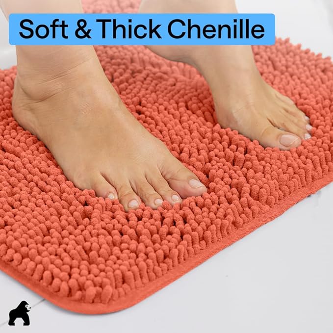 GORILLA GRIP Bath Rug Mat 30x20, Thick Soft Absorbent Chenille, Quick Dry Microfiber Mats, Rubber Backing Washable Shower Floor Rugs, US Designed Bathroom Bathmat Home Decor Accessories, Coral