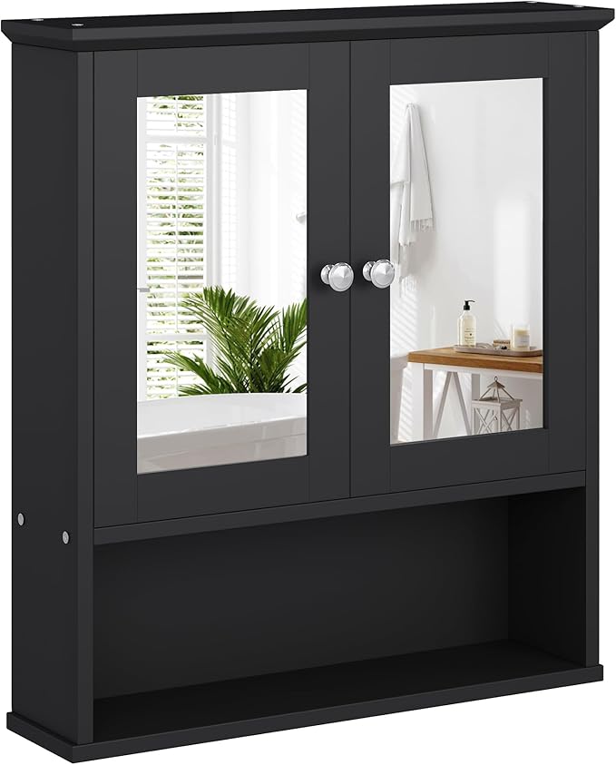 Meilocar Bathroom Wall Cabinet with Mirror, Bathroom Mirror Cabinet Wall Mounted, Over Toilet Medicine Cabinets with Adjustable Shelf, Large Capacity, Black