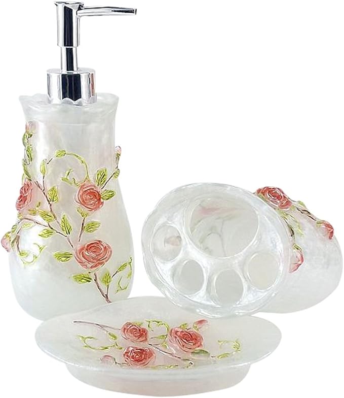 LUANT Resin 3D Roses 5PC Bathroom Accessories Set Soap Dispenser/Toothbrush Holder/Tumbler/Soap Dish (White)
