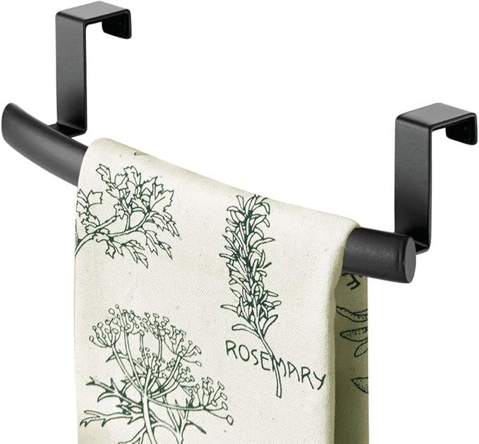 mDesign Steel Over Door Curved Towel Bar Storage, Hanger for Cabinet or Cupboard, Holder Rack for Kitchen, Bathroom - Holds Hand/Dish Towels, Washcloths - Spira Collection - Black