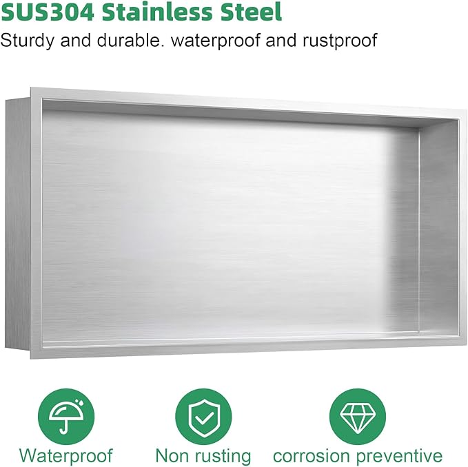 SaniteModar Shower Niche, Stainless Steel Shower Niche No Tile Needed, Recessed for Bathroom Storage (Brushed Silver, 12x24)