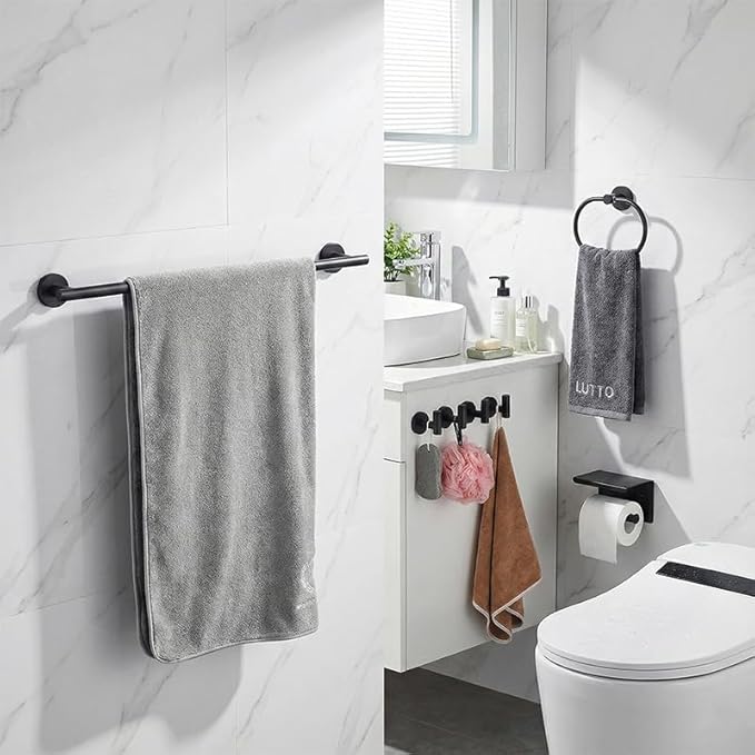 7-Piece Bathroom Hardware Accessories Set SUS304 Stainless Steel Towel Bar Set Wall Mounted 25.9-Inch Towel Rack, Towel Ring, Toilet Paper Holder with Shelf & 4 Hooks, Black