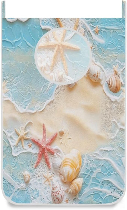 Blue Beach Sea Star Shell Summer Hanging Laundry Hamper Door Hampers Bag Basket with Stainless Steel Hooks Oxford Fabric Printing Decorative Clothes Bags 29.5X20inch 2Pack