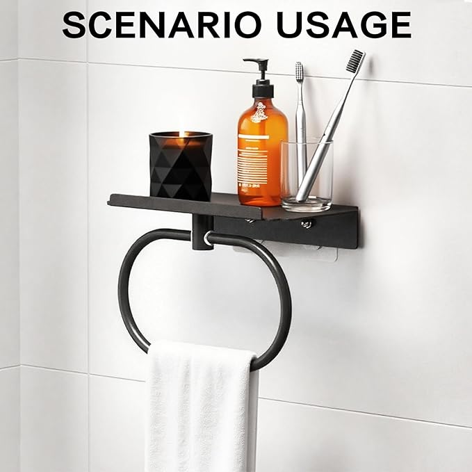 Towel Holder with Shelf, Carbon Steel Heavy Duty Wall Mounted Towel Rack Maijdoany for Bathroom Kitchen, Matte Black Hidden Hand Towel Hanger Ring with Storage Shelf