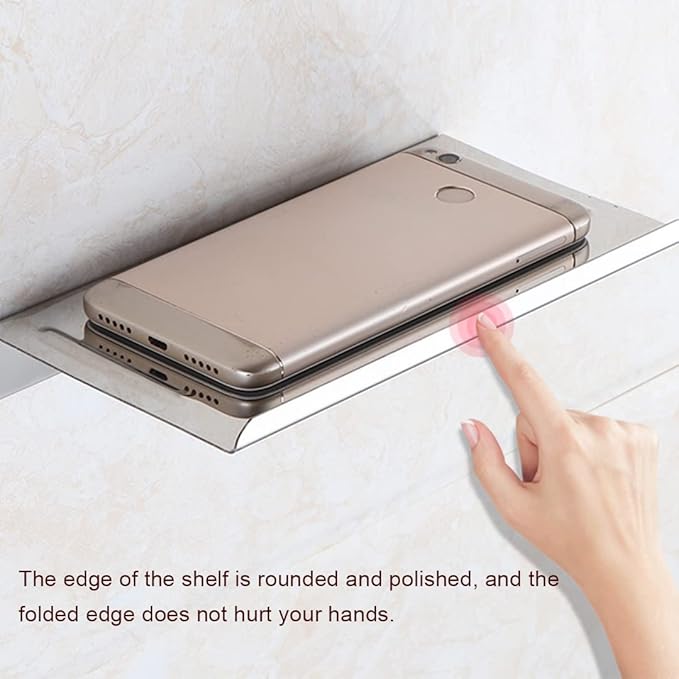 Bathroom Small Cell Phone Shelf Stainless Steel Anti-Slip Phone Holder Stand Wall Mounted for Small Speaker Smartphone Baby Wipes, Polished Chrome