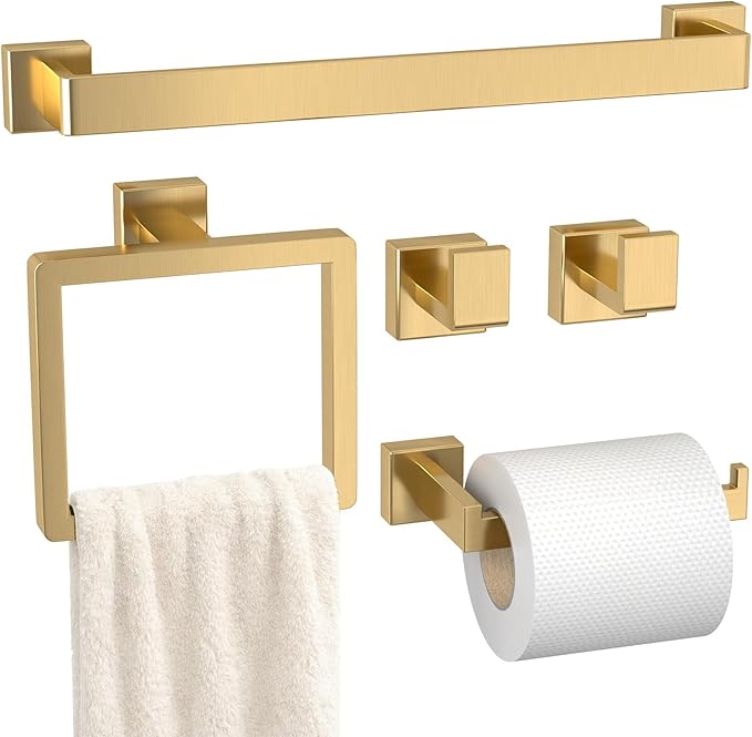 Bathroom Accessory Towel Bar Set: 5 Pieces Gold Bathroom Hardware Square SUS304 Stainless Steel - 24 Inch Wall Mounted Towel Rack&Toilet Paper Holder&Towel Ring and Towel Hook