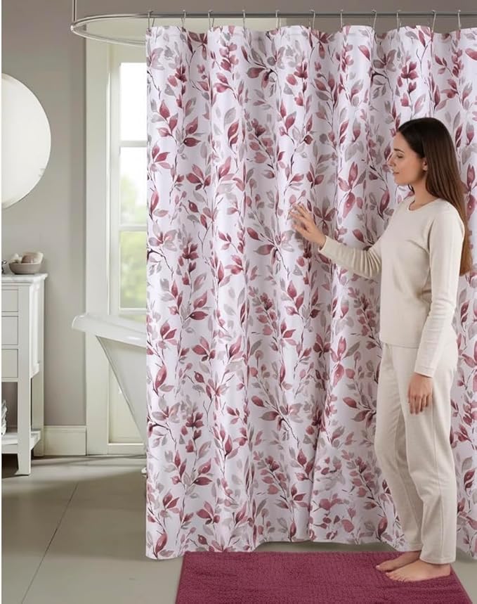 Serafina Home Hotel Quality Fabric Bathroom Shower Curtain: Floral Leaf Damask - Pink, Gray and White (72 x 70 inches)