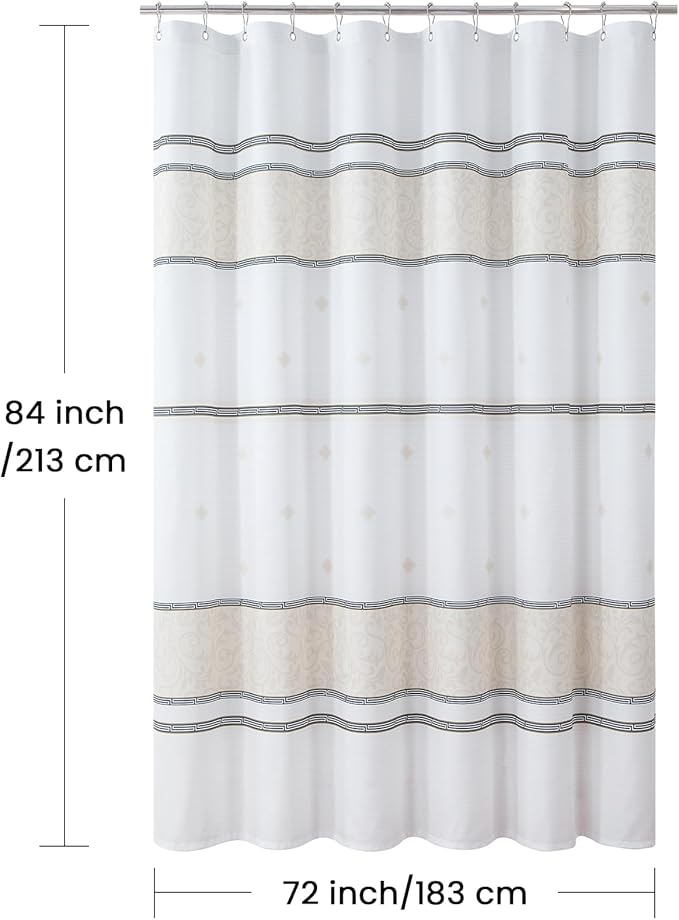 Extra Long Fabric Shower Curtain, White Cream Black Print Waterproof Shower Curtains for Bathroom, 72" W x 84" H