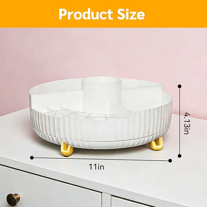 Rotating Makeup Organizer with Brush Holder Spinning Tray for Cosmetics, Skincare, Perfume Bathroom Vanity Storage, White