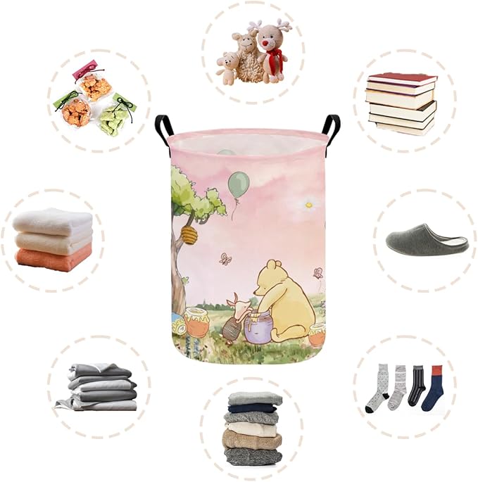 Greatingreat Pink Winnie Foldable Laundry Hamper, Circular Canvas Storage Basket with PE Coating, Collapsible Clothes Organizer for Home, Nursery, and Bedroom