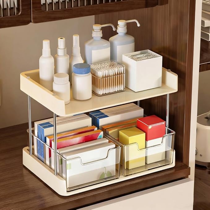 2-Tier Makeup Organizer with Drawers, Large Capacity Skincare Storage Rack, Countertop Cosmetic Display Stand Medicine Organizer Medicine Cabinet for Vanity, Bathroom, Bedroom (Beige & Clear)