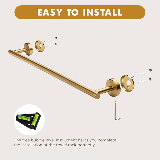 Gold Bathroom Accessories, 24” Towel Bar, Towel Ring Holder, Toilet Paper Holder and 3 Towel Hooks, Bathroom Hardware Set Wall Mounted