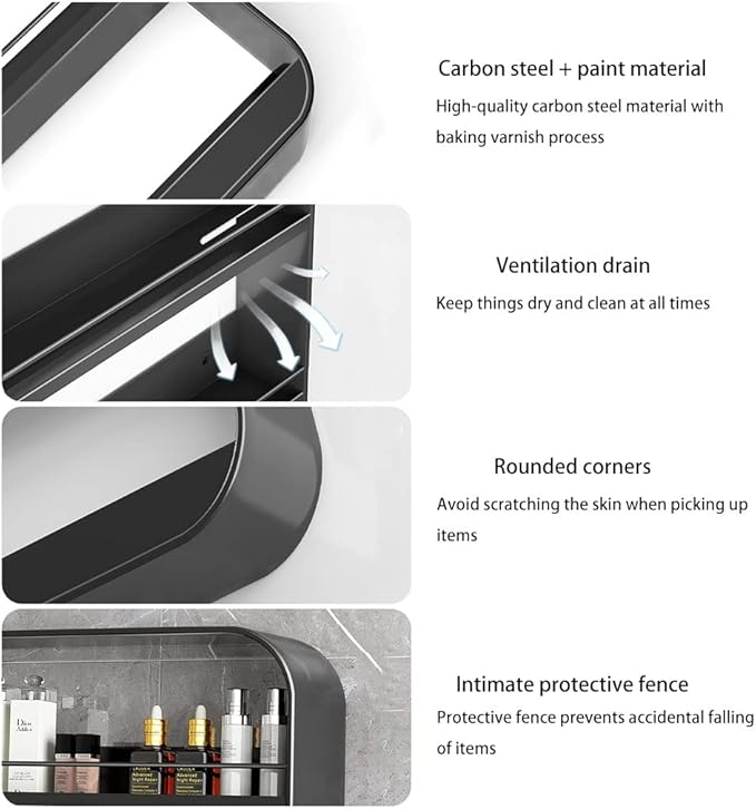 Punch- Bathroom Shelf, Wall-Mounted Makeup Organizer, Cosmetic Storage Rack, Multi-Layer Large Capacity, 10kg Load-Bearing,Black a-50 * 70cm