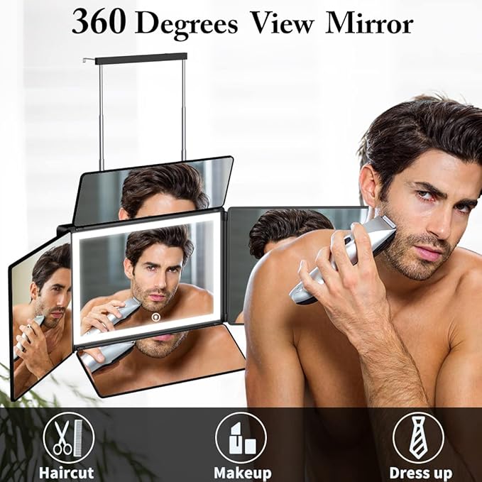 UHdod 5 Way Mirror for Hair Cutting with LED Light, 360° Barber Mirrors with Adjustable Height Brackets, Makeup Mirror for Self Cut, Shaving, Grooming, Good Gifts for Men Women
