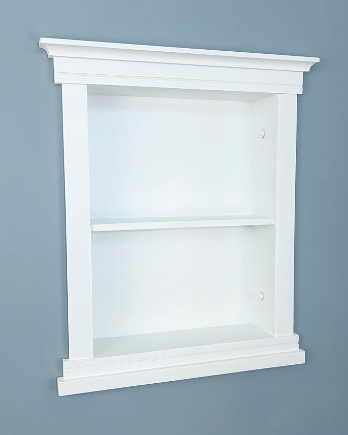 Fox Hollow Furnishings 14x18 Elliot Craftsman Recessed Wood Wall Niche, Open Medicine Cabinet Replacement, in The Wall Bathroom Cabinet Insert Shelves, Made in North America, NO MDF, Plain, White
