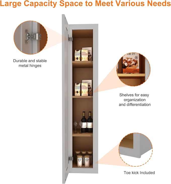 ROOMTEC (Light Gray Wood Wall Cabinet, RTA Single Door Medicine Cabinet with Adjustable Shelves and Soft-Close Door for Kitchen, Bathroom, and Laundry. 12" D*9" W*42" H