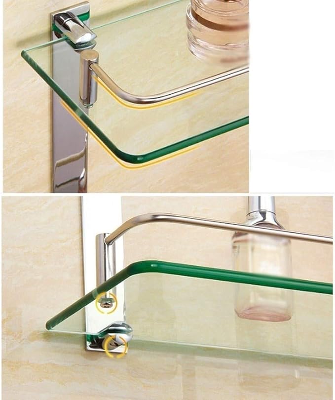 Tempered Glass Shelf Bathroom Shelves with Rail Wall Mounted Stainless Steel Punch Installation 350mm