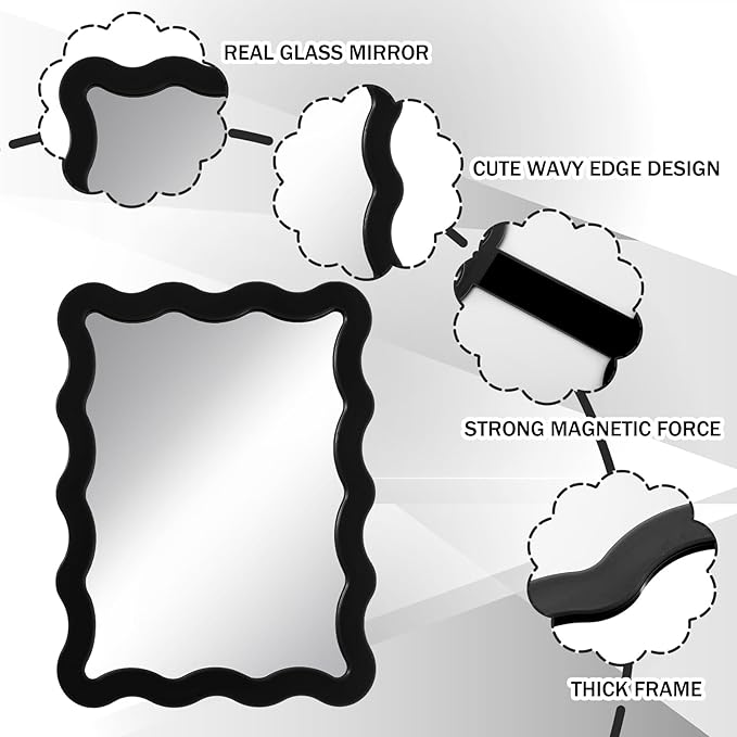 Leinuosen 1 Pcs Scalloped Magnetic Locker Mirror Small Real Glass Makeup Mirror with Magnetic Backing Cute Locker Decorations for Office Cabinet Lockers Accessories (5 x 7 Inch,Black)
