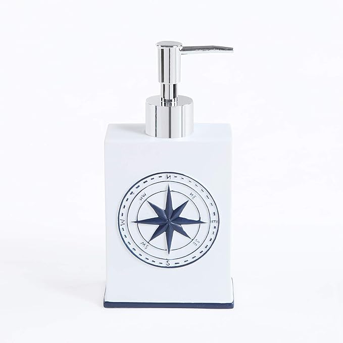 Bathroom Accessories Set 5 Pcs - Soap Dispenser, Toothbrush Holder, Bathroom Tumbler, Soap Dish, Beach Nautical Bathroom Decor - White/Blue