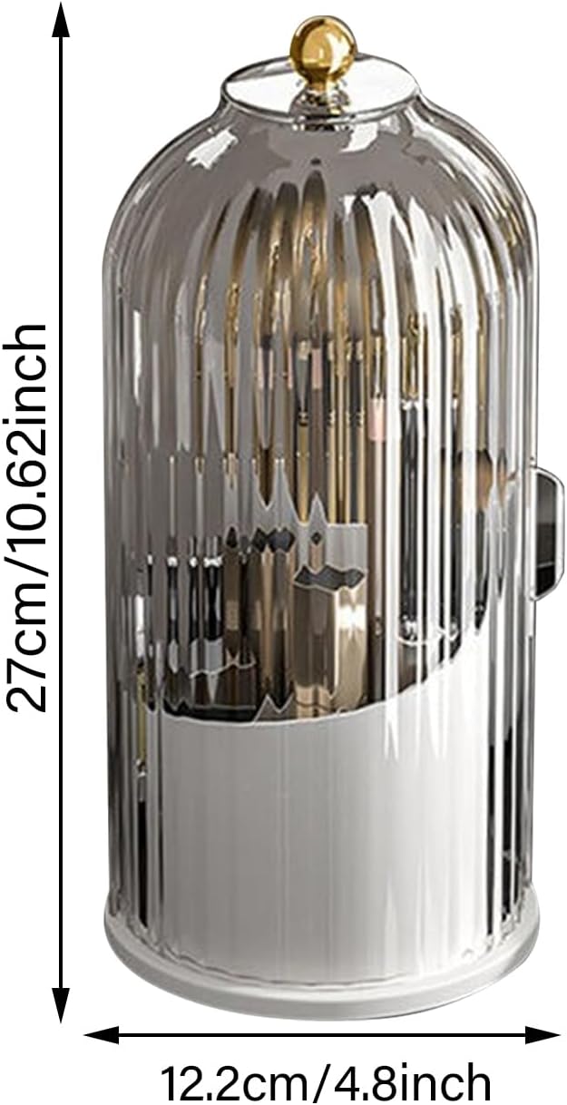 Multi-function Rotating Bird Cage Toiletries Storage Rack ?€? Storage Box, Makeup Holder | Covered Transparent Brush Organizer, 360 Rotating Design for Vanity Tables, Desktops, Bathroom Countertops