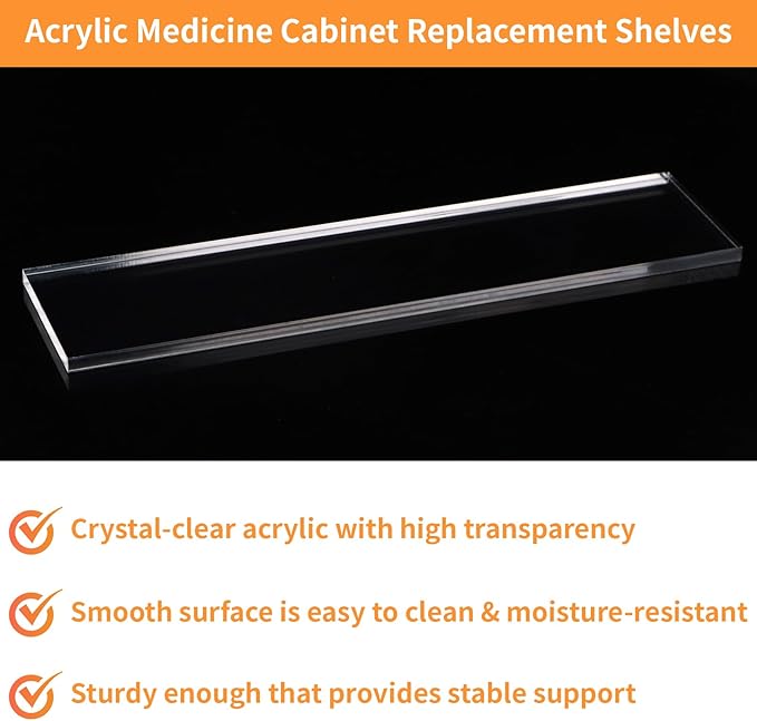 4 Pcs Medicine Cabinet Replacement Shelves, 13''L x 3''W Acrylic Medicine Cabinet Shelving Boards for Bathroom, Kitchen, Living Room