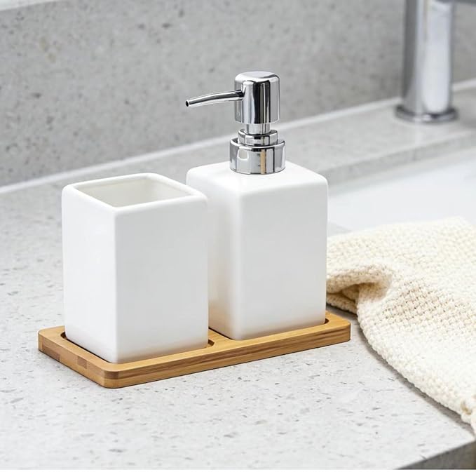 White Bathroom Accessories Set,Ceramic Soap Dispenser and Toothbrush Holder with Tray,Modern Decor Square Countertop Bath Set with Toothbrush Cup