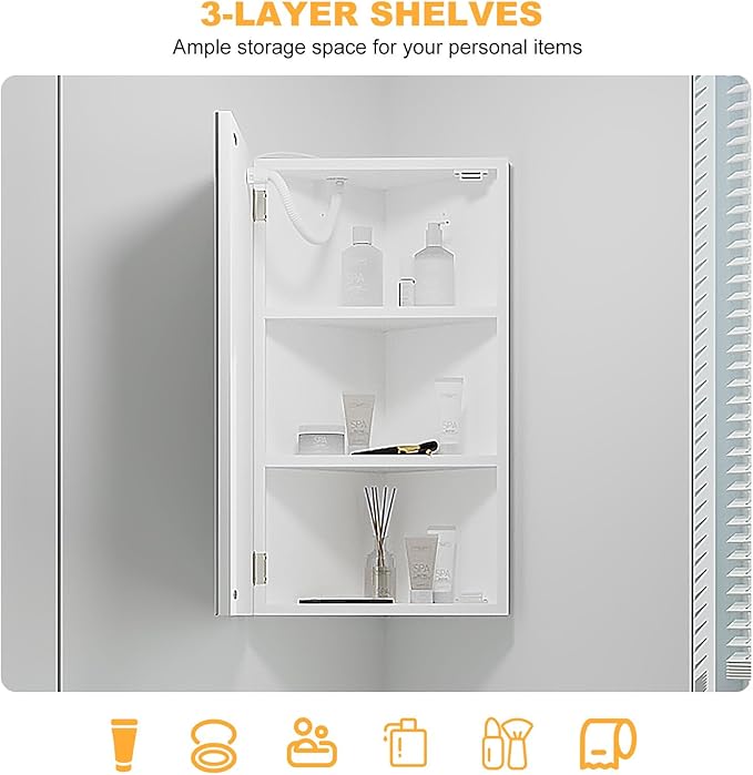 Corner Medicine Cabinet Mirror with Lights,Lighted Medicine Cabinet with Mirror,Led Mirror Cabinet for Bathroom,14x 24 Small Corner Wall Cabinet,White
