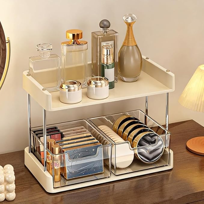2-Tier Makeup Organizer with Drawers, Large Capacity Skincare Storage Rack, Countertop Cosmetic Display Stand Medicine Organizer Medicine Cabinet for Vanity, Bathroom, Bedroom (Beige & Clear)