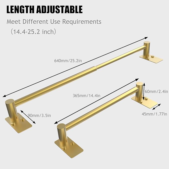 Towel Bar, 14inch to 25inch Adjustable Towel Holder Rod, Self Adhesive Wall Mounted Hand or Body Towel Rack for Bathroom Kitchen, Stainless Steel Organizer Single Bar (Gold, 3 Pack)
