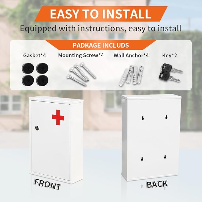 Ydocabinit Steel Wall-Mount Lockable Medical Cabinet, 2-Tier Medical Box with Key, Metal Storage Box, Medicine Organizer Secure Large Capacity, First Aid Cabinet for Bathroom School 12.59×8.46×3.14"