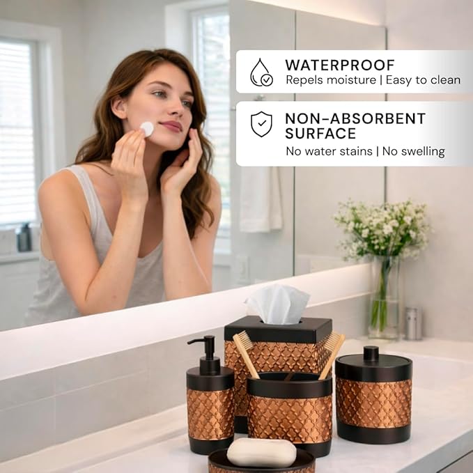 Decozen Bathroom Accessories 6Pcs Set, Soap Dispenser, Toothbrush Holders, Tumbler, Soap Dish & Cotton Swab Jar – Modern Bathroom Decor, Modern Farmhouse Decor, Countertop Accessories, Gold