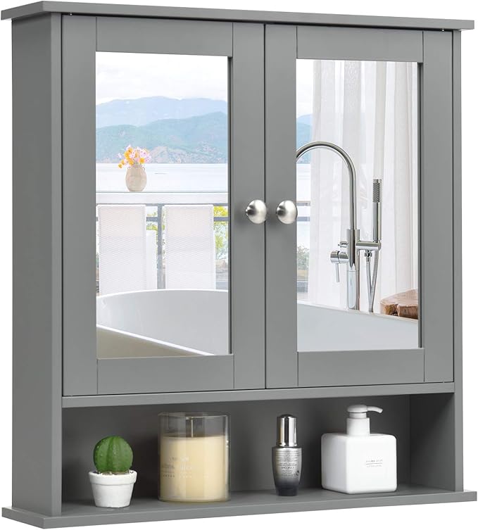 COSTWAY Bathroom Cabinet Wall Mount, Wooden Medicine Cabinet with 2 Mirror Doors, Adjustable Shelf, Open Compartment, for Laundry, Living Room, Kitchen, Gray